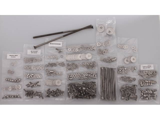 BOLT KIT, Bed, Complete, polished stainless steel, installs bed wood and mount bed to the frame, (582) incl bolts, washers and nuts for bed to frame, front bed panel, cross sill and tail gate, rear fenders (wheel tubs) and running boards,