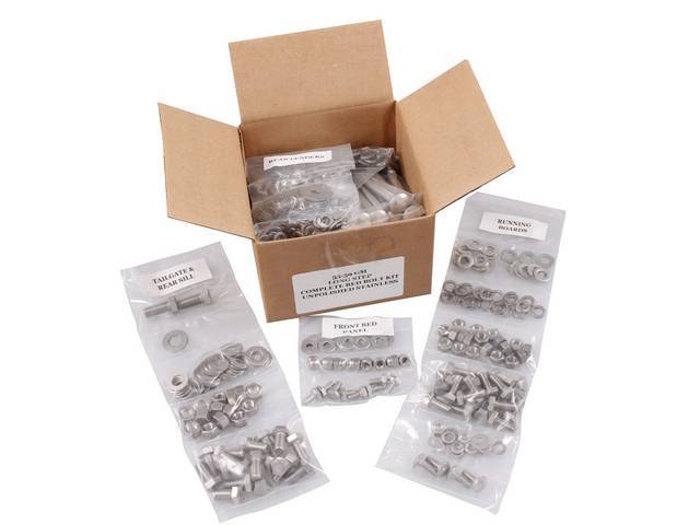 BOLT KIT, Bed, Complete, unpolished stainless steel, installs bed wood and mount bed to the frame, (622) incl bolts, washers and nuts for bed to frame, front bed panel, rear sill and tailgate, rear fenders (wheel tubs) and running boards