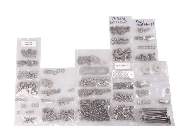 BOLT KIT, Bed, Complete, polished stainless steel, installs bed wood and mount bed to the frame, (568) incl bolts, washers and nuts for bed to frame, front bed panel, rear sill and tailgate, rear fenders (wheel tubs) and running boards