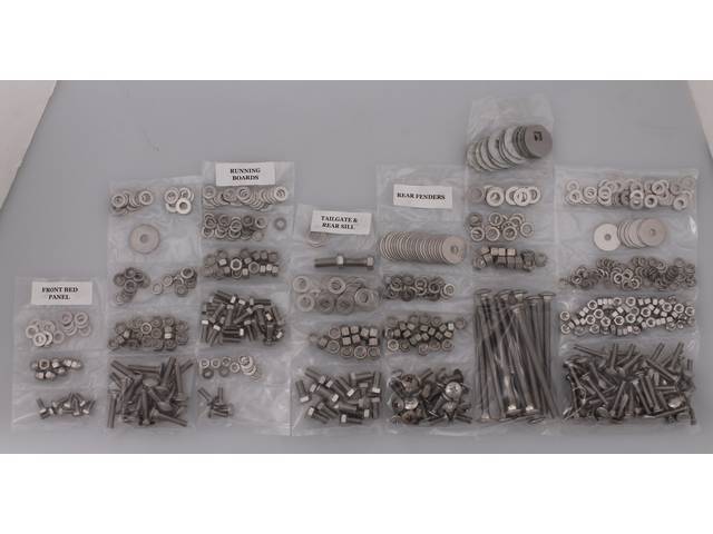 BOLT KIT, Bed, Complete, unpolished stainless steel, installs bed wood and mount bed to the frame, (710) incl bolts, washers and nuts for bed to frame, front bed panel, rear sill and gate, rear fenders (wheel tubs) and running boards