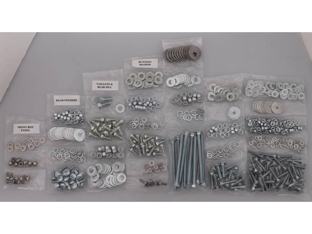 BOLT KIT, Bed, Complete, zinc finish, installs bed wood and mount bed to the frame, (710) incl bolts, washers and nuts for bed to frame, front bed panel, rear sill and gate, rear fenders (wheel tubs) and running boards
