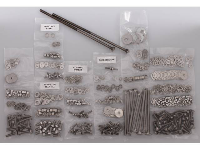 BOLT KIT, Bed, Complete, unpolished stainless steel, installs bed wood and mount bed to the frame, (582) incl bolts, washers and nuts for bed to frame, front bed panel, cross sill and tail gate, rear fenders (wheel tubs) and running boards,