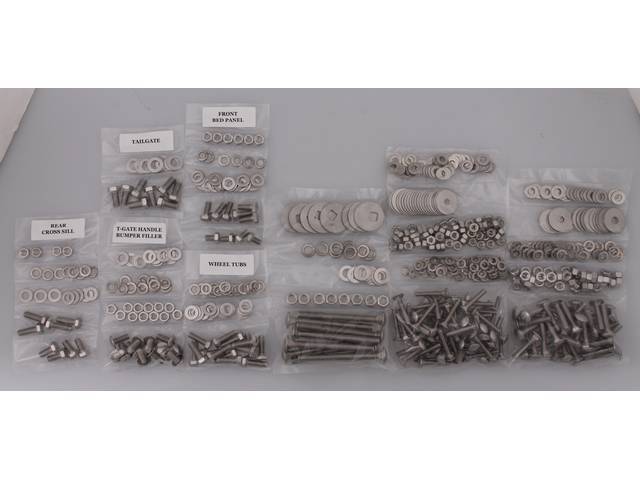 BOLT KIT, Bed, Complete, unpolished stainless steel, installs bed wood and mount bed to the frame, (588) incl bolts, washers and nuts for bed to frame, front bed panel, rear cross sill, tailgate and handle, rear fenders (wheel tubs) and bumper filler