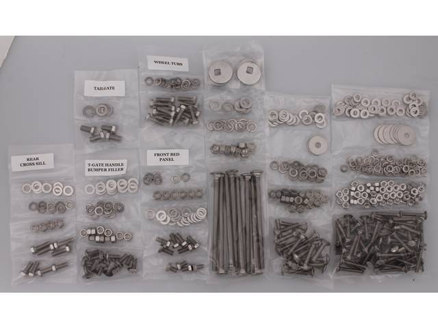BOLT KIT, Bed, Complete, polished stainless steel, installs bed wood and mount bed to the frame, (690) incl bolts, washers and nuts for bed to frame, front bed panel, rear cross sill, tailgate, tailgate handle and bumper filler, rear fenders (wheel tubs)