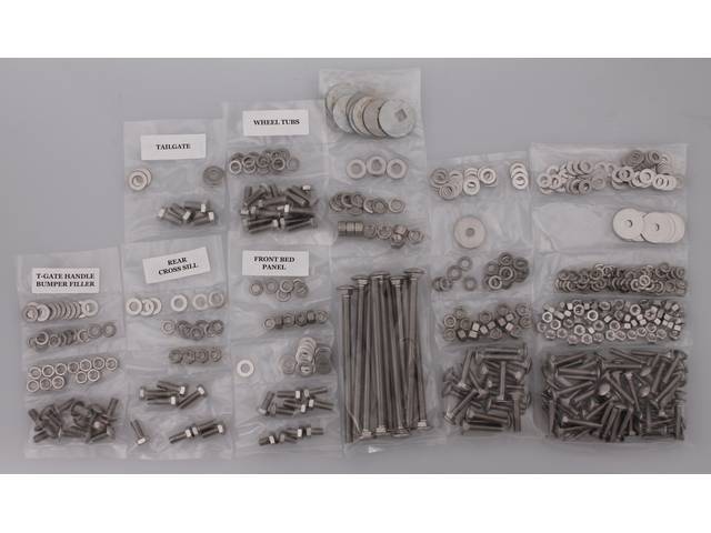 BOLT KIT, Bed, Complete, unpolished stainless steel, installs bed wood and mount bed to the frame, (690) incl bolts, washers and nuts for bed to frame, front bed panel, rear cross sill, tailgate, tailgate handle and bumper filler, rear fenders (wheel tubs
