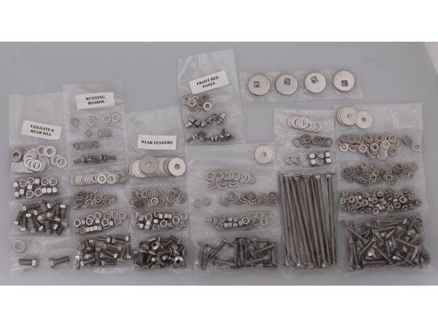 BOLT KIT, Bed, Complete, zinc finish, installs bed wood and mount bed to the frame, (690) incl bolts, washers and nuts for bed to frame, front bed panel, rear cross sill, tailgate, tailgate handle and bumper filler, rear fenders (wheel tubs)