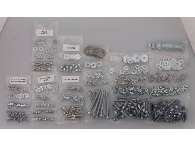 BOLT KIT, Bed w/ Wood Floor, Complete, zinc finish, installs bed wood and mount bed to the frame, (720) incl bolts, washers and nuts for bed to frame, front bed panel, rear cross sill, tailgate, tailgate handle and bumper filler, rear fenders (wheel tubs)