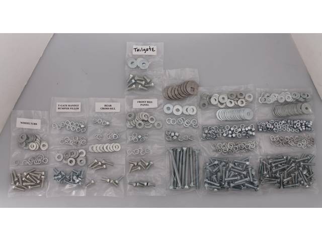BOLT KIT, Bed w/ Wood Floor, Complete, zinc finish, installs bed wood and mount bed to the frame, (608) incl bolts, washers and nuts for bed to frame, front bed panel, rear cross sill, tailgate, tailgate handle and bumper filler, rear fenders (wheel tubs)