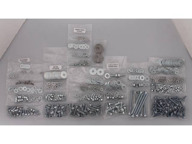 BOLT KIT, Bed w/ Wood Floor, Complete, zinc finish, installs bed wood and mount bed to the frame, (678) incl bolts, washers and nuts for bed to frame, front bed panel, rear cross sill, tailgate, tailgate handle and bumper filler, rear fenders (wheel tubs)