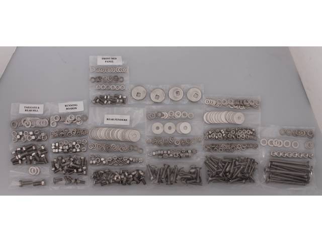 BOLT KIT, Bed w/ Wood Floor, Complete, polished stainless steel, installs bed wood and mount bed to the frame, (603) incl bolts, washers and nuts for bed to frame, front bed panel, rear sill and tailgate, rear fenders (wheel tubs) and running boards