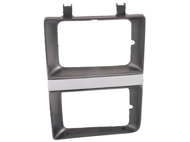 BEZEL, Head Light, w/ dual rectangular light openings, LH, dark argent finish w/ silver finish bar between light openings, plastic, repro