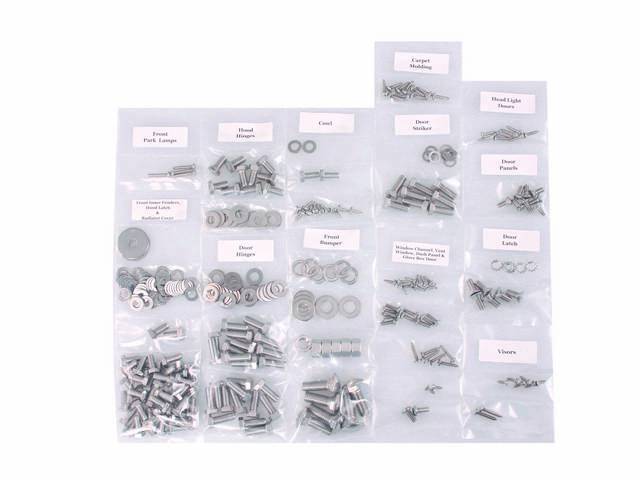 FASTENER KIT, Cab, polished stainless steel, features hex head bolts, (300) incl fasteners for carpet molding, cowl, dash panel, door hinge, door latch, door panel, door striker, front bumper, glove box door, headlight doors, hood hinge, inner fenders, ho