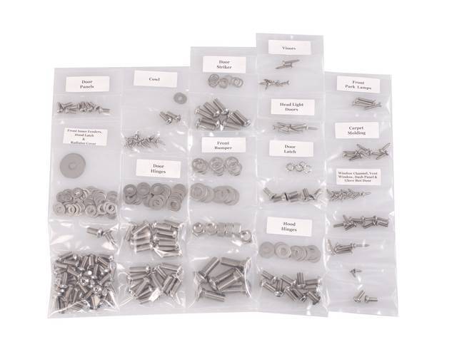 FASTENER KIT, Cab, polished stainless steel, features button head allen bolts, (300) incl fasteners for carpet molding, cowl, dash panel, door hinge, door latch, door panel, door striker, front bumper, glove box door, headlight doors, hood hinge, inner fe