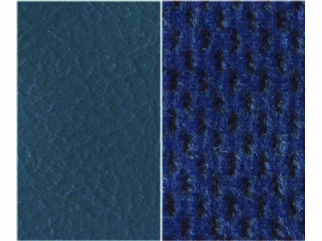 UPHOLSTERY, BENCH, STANDARD CAB NON-FOLDING BACK REST FRONT BENCH SEAT, MED BLUE MADRID GRAIN VINYL W/ BLUE REGAL VELOUR CLOTH INSERTS