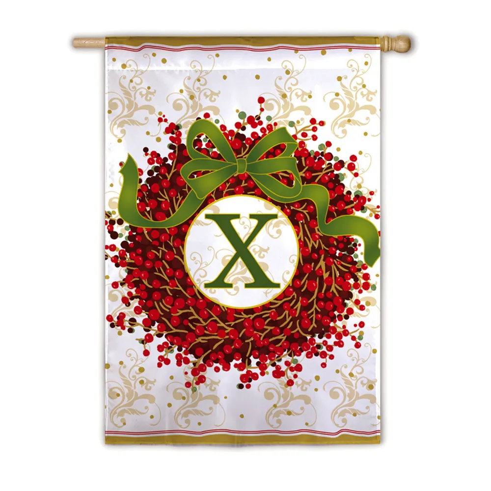Holiday Christmas Red and Green Berry Wreath Monogram “X” Flag 29″ x 43″