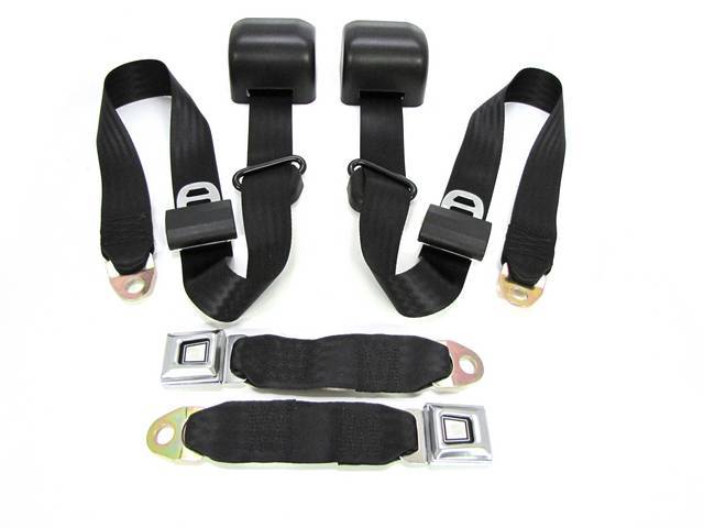 Seat Belt Set, Front Buckets, Black, Incl (2) Buckle Assy, (2) Retractors And Belts, Does Not Incl Electric Connections, Repro