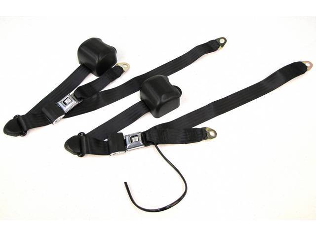 Seat Belt Set, Front Buckets, Black, Incl (2) Buckle Assy, (2) Retractors And Belts, Incl Electric Connections, Repro