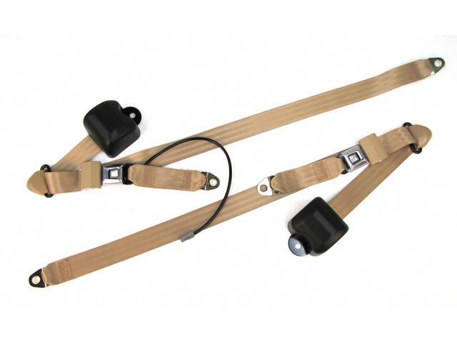 Seat Belt Set, Front Buckets, Tan, Incl (2) Buckle Assy, (2) Retractors And Belts, Incl Electric Connections, Repro