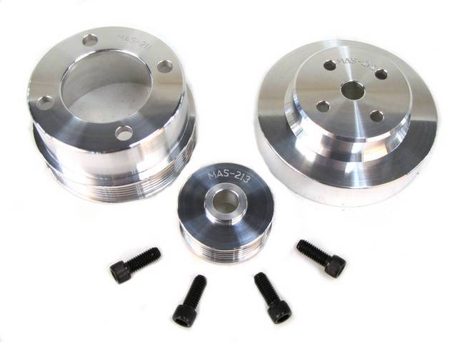 Pulley Kit, Bbk Performance Underdrive, Polished Aluminum, (3) Piece Set, Incl Water Pump Pulley, Crank Pulley, Alternator Pulley, Designed To Work W/ Stock Damper Assemblies, Repro