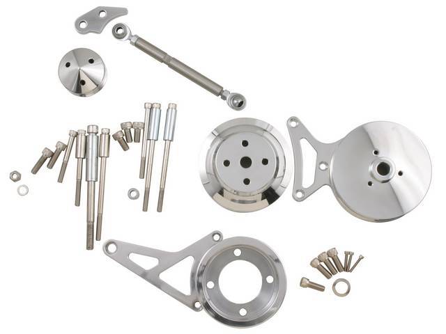 Bracket And Pulley Kit, Complete, Polished, Incl Power Steering Pulley, Water Pump, Alternator And Crankshaft, Incl All Mounting Brackets And Hardware,Repro