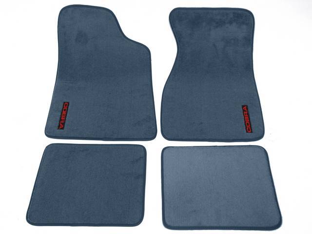 Floor Mats, Carpet, Cut Pile Nylon, Wedgewood Blue, W/ Red *Cobra * Text, Repro, Nibbed Backing For Non-Slip Design