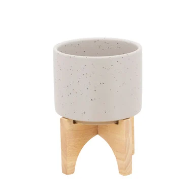 Matte Finish Ceramic Planter on Stand – 7″ – Beige and Brown