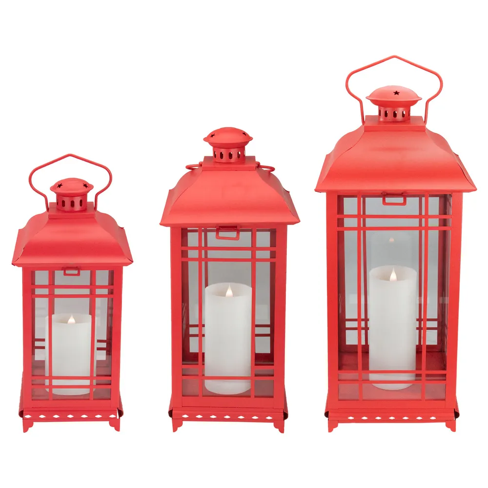 Set of 3 Matte Red Mission Style Glass Pillar Candle Lanterns 21.5″