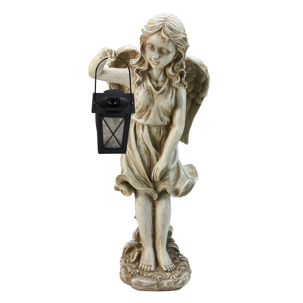 21″ Weathered Ivory Standing Angel with Tealight Candle Lantern Outdoor Garden Statue