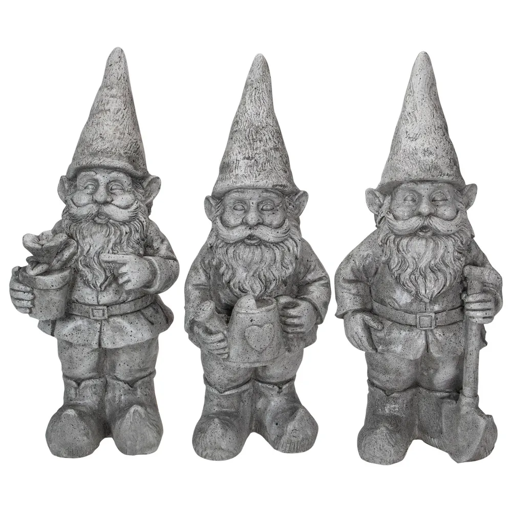 Set of 3 Gray Gardening Garden Gnomes Outdoor Statues 15.75″: Whimsical Guardians for Your Garden