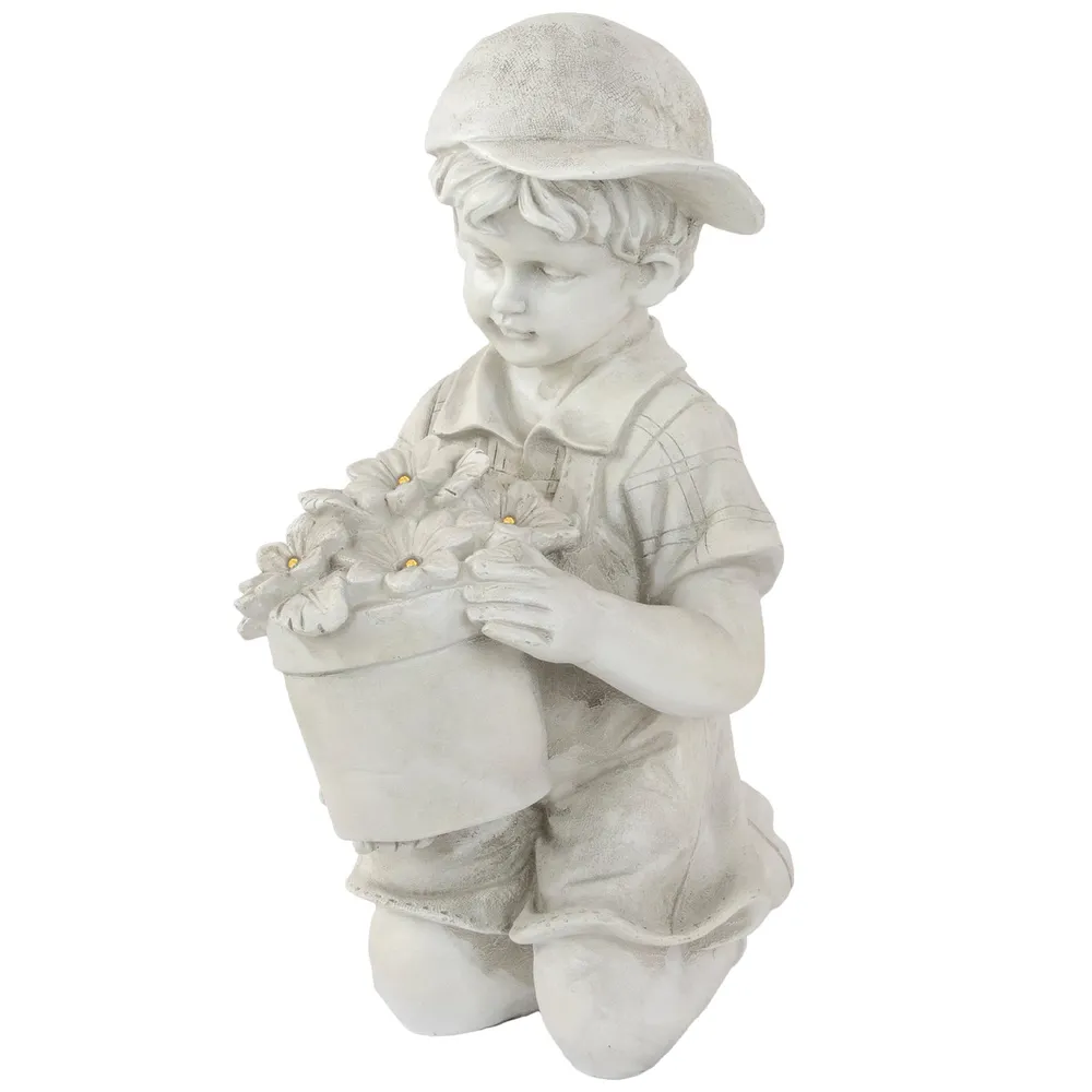 Enchanting 15″ Solar LED Lighted Boy with Flowers Garden Statue – Illuminated Outdoor Decor