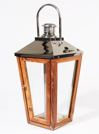 Over-Sized Stainless Steel and Sheesham Wood Modern Pillar Candle Lantern 24.75″