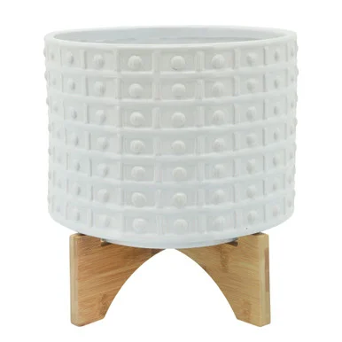 Polka Dotted Ceramic Outdoor Planter with Stand – 11″ – White and Brown