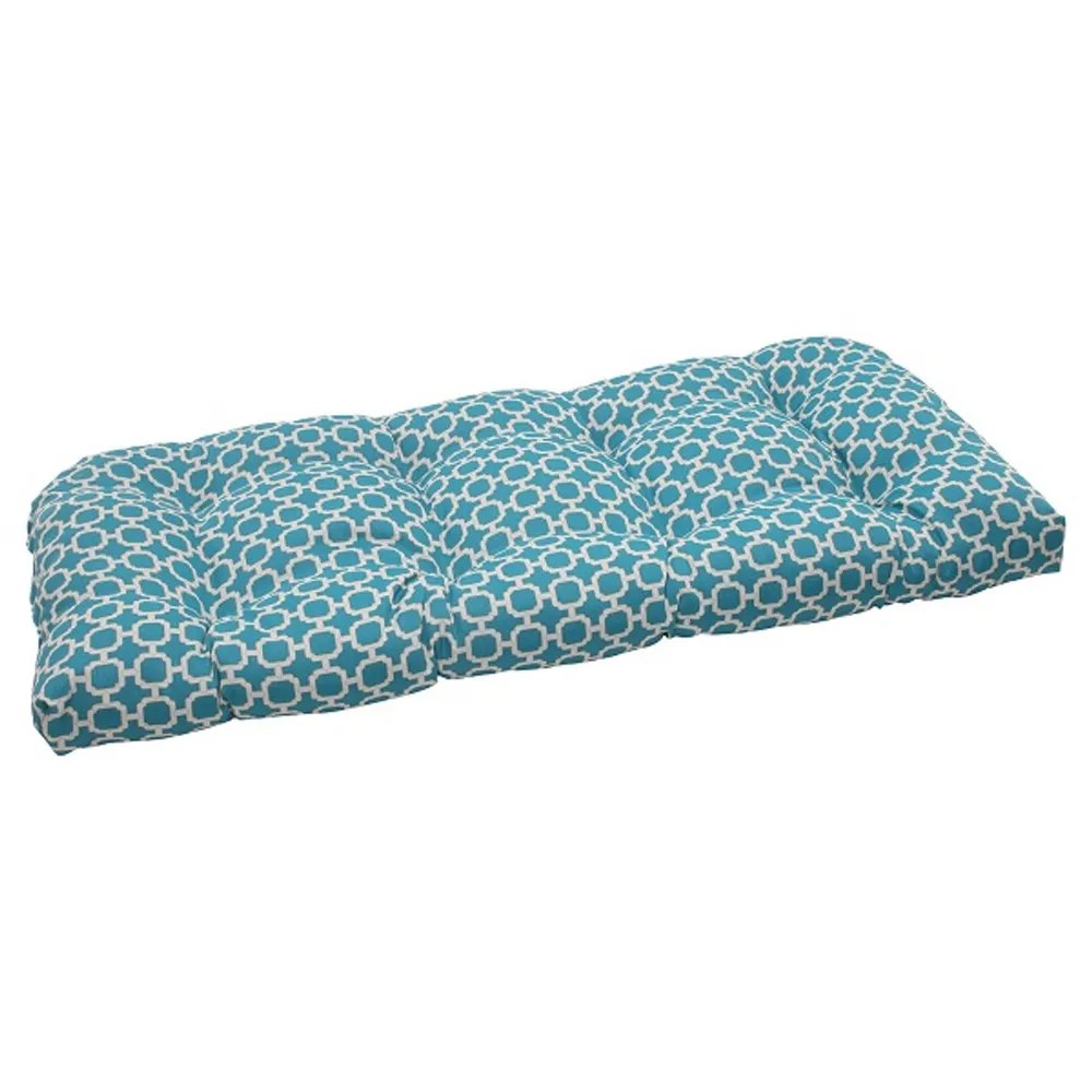 Moroccan Mosaic Outdoor Tufted Wicker Loveseat Cushion – 44″ – Blue and White