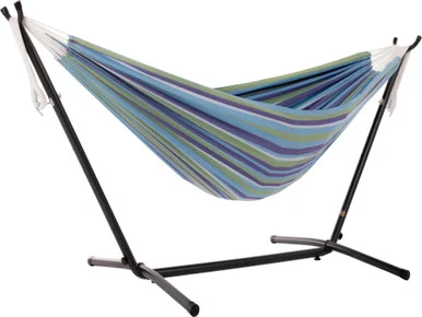 Relax in Style with a 110″ Blue Striped Hammock and Steel Stand Set