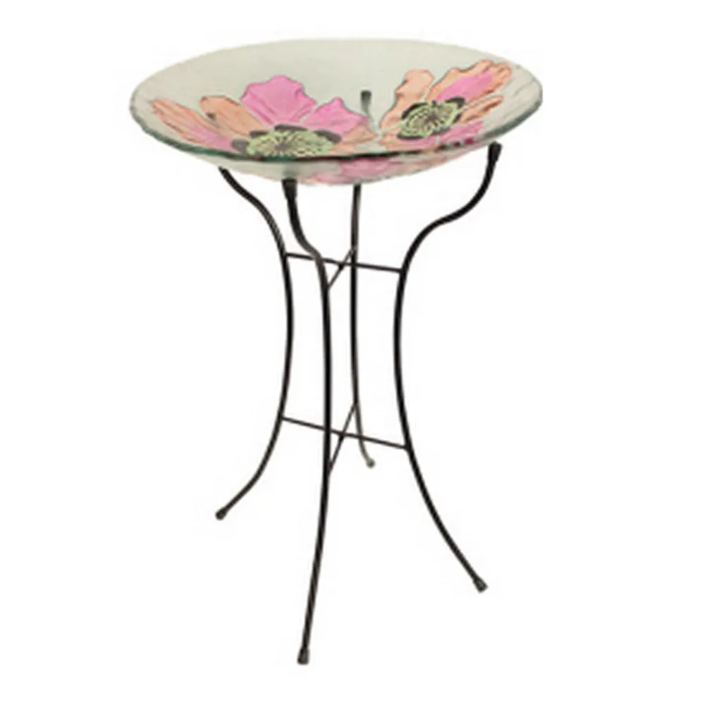 26″ Pink and Clear Enchanted Outdoor Garden Poppy Flower Glass Bird Bath Feeder