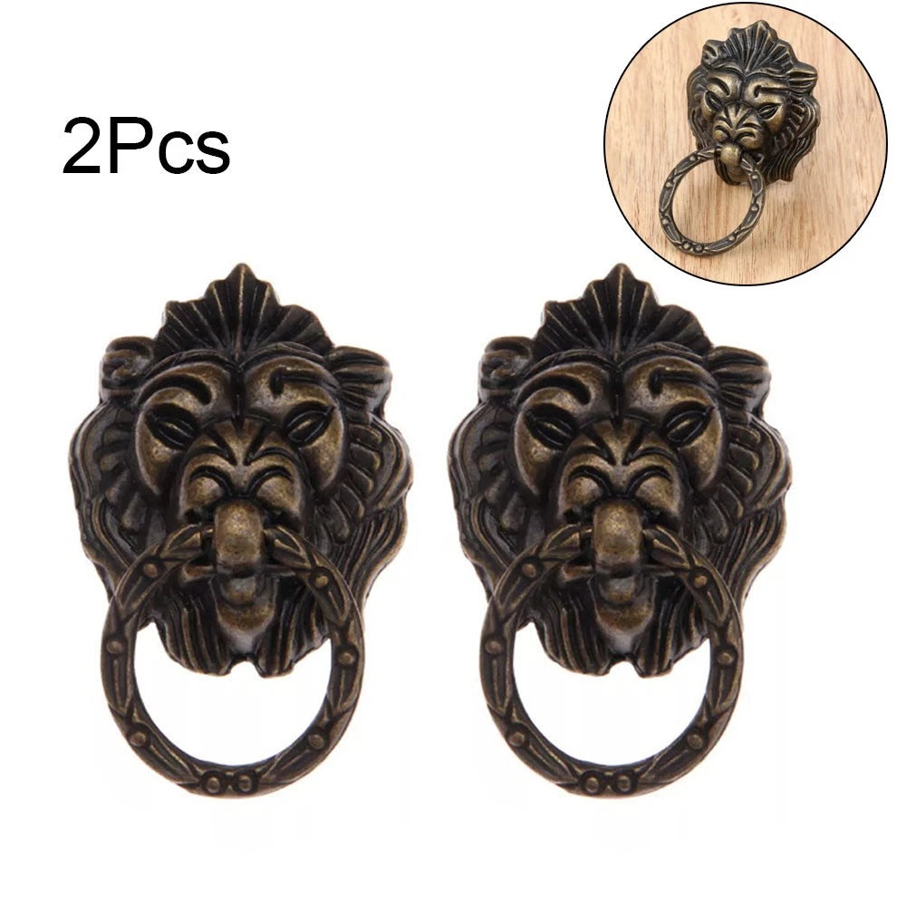 2Pcs Antique Lion Head Cabinet Drawer Pull Handle Knob