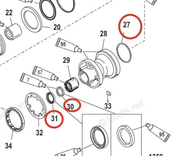 Lower Unit Oil Seal & O-ring Set for Mercury 225 250 EFI (1996–2009) 26-14077 26-12224 25-896524