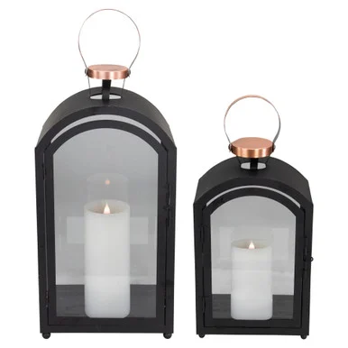 Set of 2 Black Metal Dome Lanterns with Copper Handle 20″