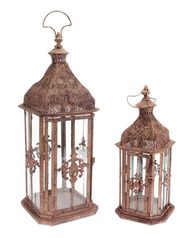 Set of 2 Brick Brown Antique Rustic Pillar Candle Holder Lanterns 24″
