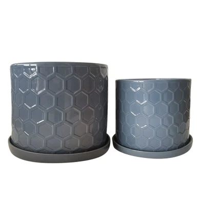 Set of 2 Gray Ceramic Outdoor Honeycomb Planters with Saucers 12″