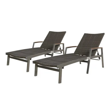 Set of 2 Gray and Silver Wicker Outdoor Furniture Patio Chaise Lounges 77.25″