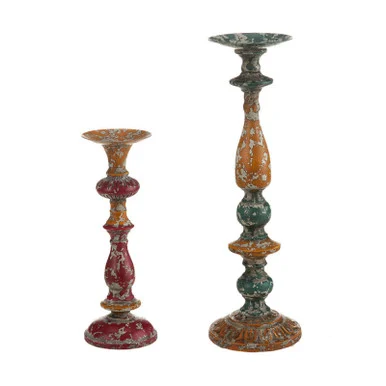 Set of 2 Multicolor Weathered Candle Holders 27″
