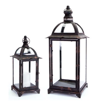 Set of 2 Pagoda Crest Weathered Iron and Glass Pillar Candle Holder Lanterns 26″