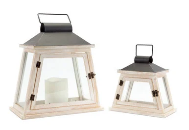 Set of 2 White and Black Distressed Pillar Candle Lanterns 17.5