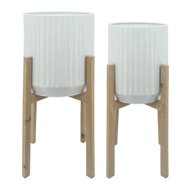 Set of 2 White and Brown Ridged Planters on Stand 21″