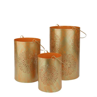 Set of 3 Orange and Gold Decorative Floral Cut-Out Pillar Candle Lanterns 10″