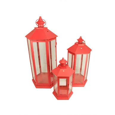 Set of 3 Red Traditional Style Pillar Candle Holder Lanterns 27″