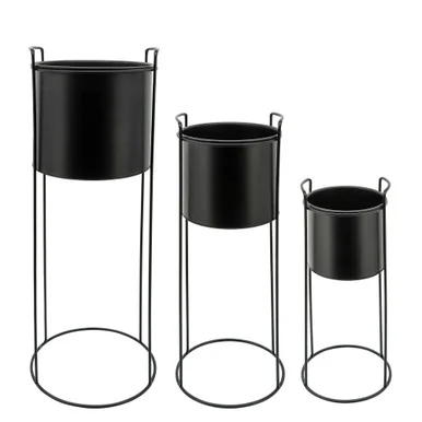 Set of 3 Solid Black Round Planters on Stand 32″