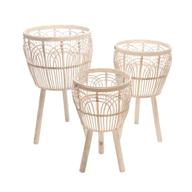 Set of 3 White Bamboo Outdoor Planters on Tripod Stand 30″