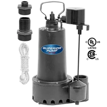 Superior Pump – 1/3 HP Cast Iron Sump Pump – Side Discharge w/Vertical Float – 92359